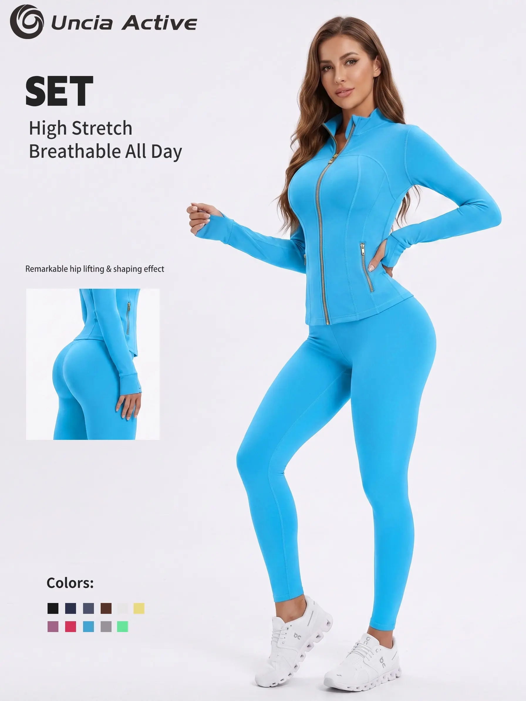 Uncia Active Women's 2-Piece Slim-Fit Athletic Sports Set - Gold-Zipper Jacket, High-Stretch Hip-Shaping Leggings for Yoga, Gym,back to school,back to school haul