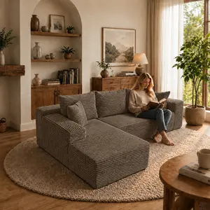 【Sub 2 packages】Niccae Modern Coffee L-Shaped Sectional Sofa with Left-Facing Chaise Lounge, 3-Seater Corduroy Couch with Compressed Sponge Filling for Living Room, Apartment, or Office