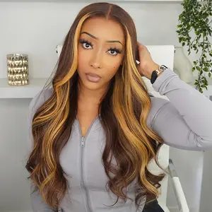 [New] Arabella Hair H427# Chocolate Brown Wig with Honey Blonde Skunk Stripe Highlights 13x6 Ear to Ear Glueless Wig Body Wave With Drawstring 100% Human Hair Wig