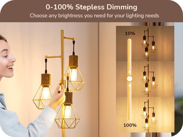 EDISHINE Dimmable Industrial Floor Lamp with 3 LED Edison Bulbs, Light Fixtures, permanent lights, Lanterns, Farmhouse Style, Rattan, lighting deals affordable decor, sconces, Elegant Design, Safe Sturdy Gold-HFLDC2A