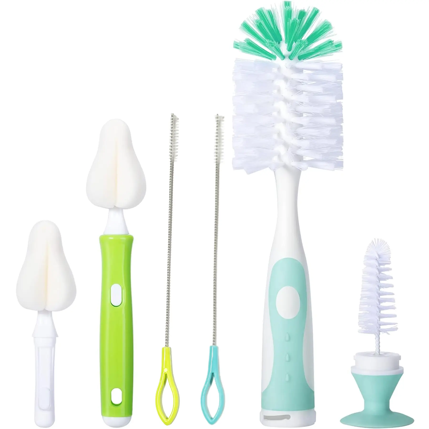 1Set Bottle Brush Base Hidden Nylon Nipple Cleaner, 2 Pcs Sponge Nipple Brushes, 2 Pcs Straw Brushes, Bottle Brush with Nipple Cleaner and Suction Cup