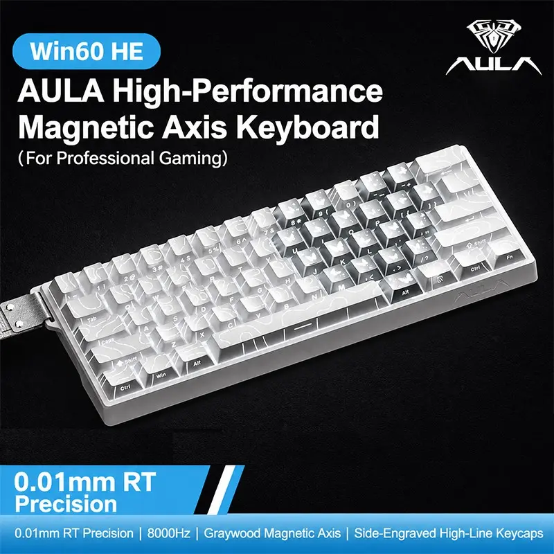 AULA WIN60 HE mini keyboard, PC Gaming Keyboard, 61-key wired connection, plug and play, cool RGB lighting effect, magnetic axis hot plug, specially designed for e-sports games, quick trigger response, suitable for notebook/computer equipment connection.