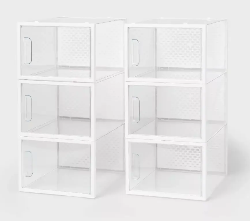 6 Pack Clear Plastic Shoe Storage Boxes, Stackable Foldable Shoe Organizer Containers with Ventilation Holes, See Through Sneaker Storage Bins for Closet