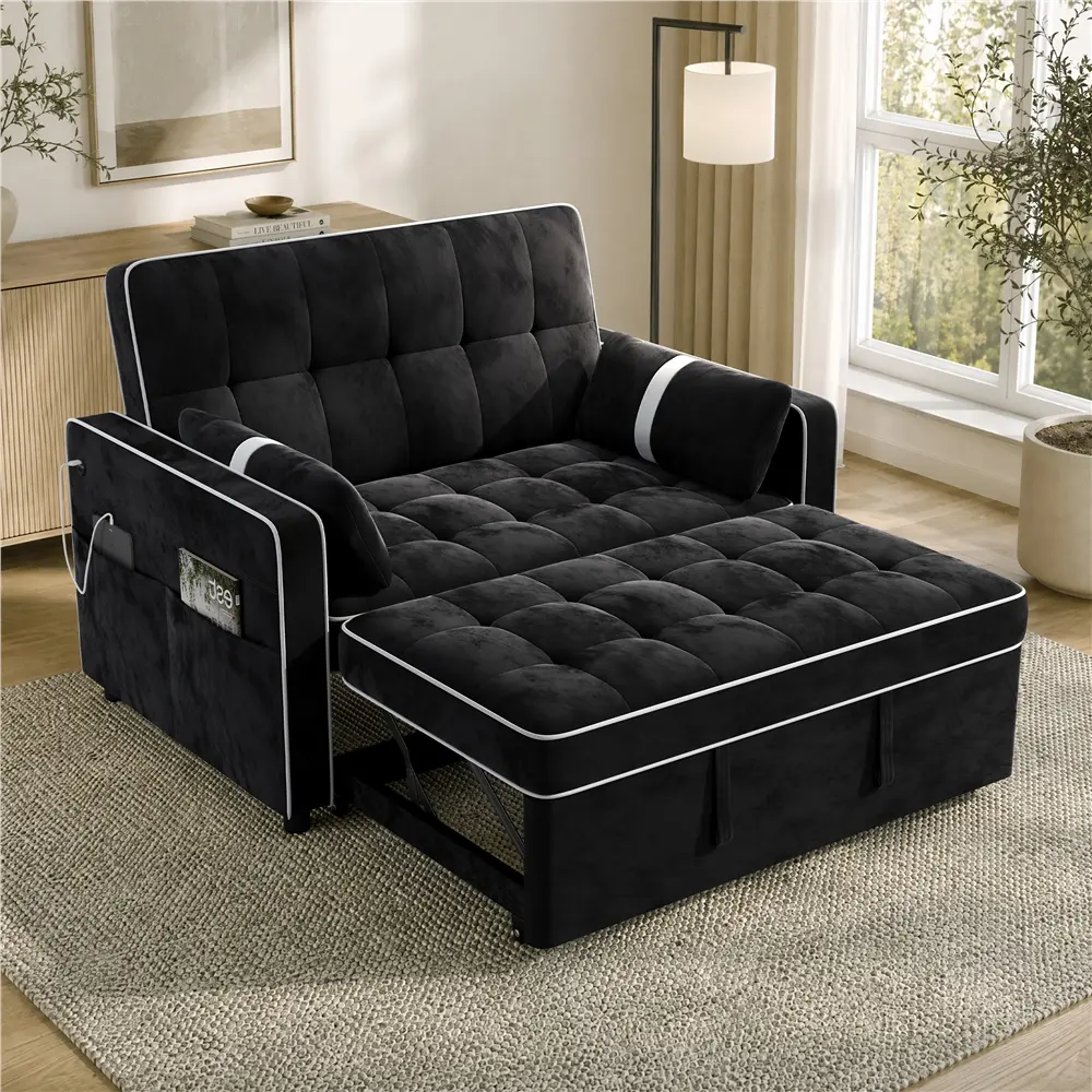 【3-in-1 Convertible】Yaheetech Velvet Sofa Bed, Loveseat Recliner Pullout Sleeper with USB-A & USB-C Ports, Side Pockets, Rolling Wheels, Tufted Back and Sturdy Wood & Metal Frame for Living Room Bedroom Apartment,dorm essentials,home decor tiktokshopbackt