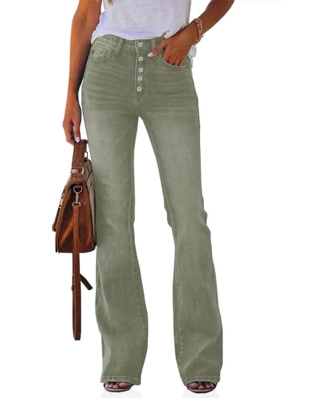 Koinshha Womens High Waisted Jeans Stretch Boyfriend Flare Casual Bootcut Denim Pants Army Green