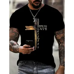 1pc, Plus Size Men's Breathable Cotton T-Shirt with Cross Print - "GOD LOVED THE GRAVESITE" Graphic, Casual Crew Neck Short Sleeve Tee, Lightweight for All Seasons, Religious Fashion|Crew Neck Tee|Machine Washable, Casual Short Sleeve