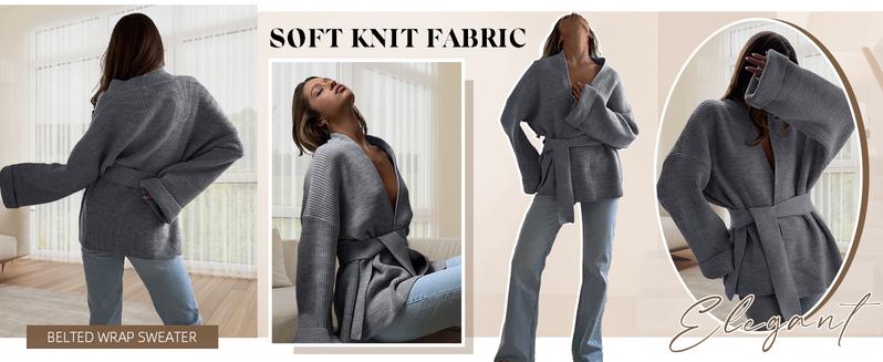 utcoco Womens Oversized Knit Cardigan Belted Wrap Sweater Long Sleeve Loose Fit Open Front Coat for Fall & Winter