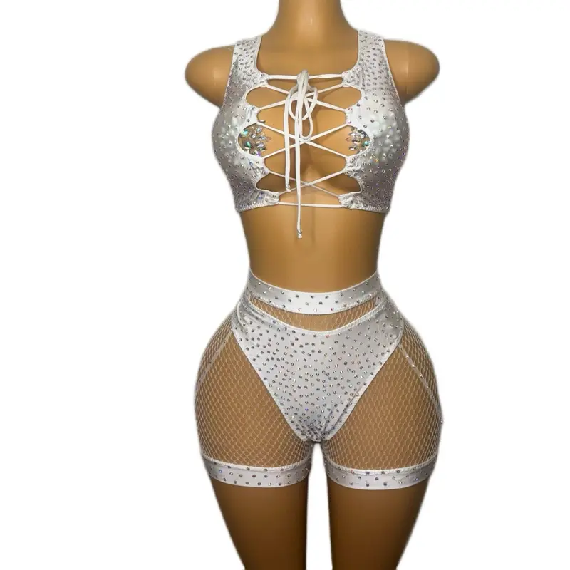 Angel Brand White Angel Top and Bottom Set with Lace-Up Detailing and Fishnet Design