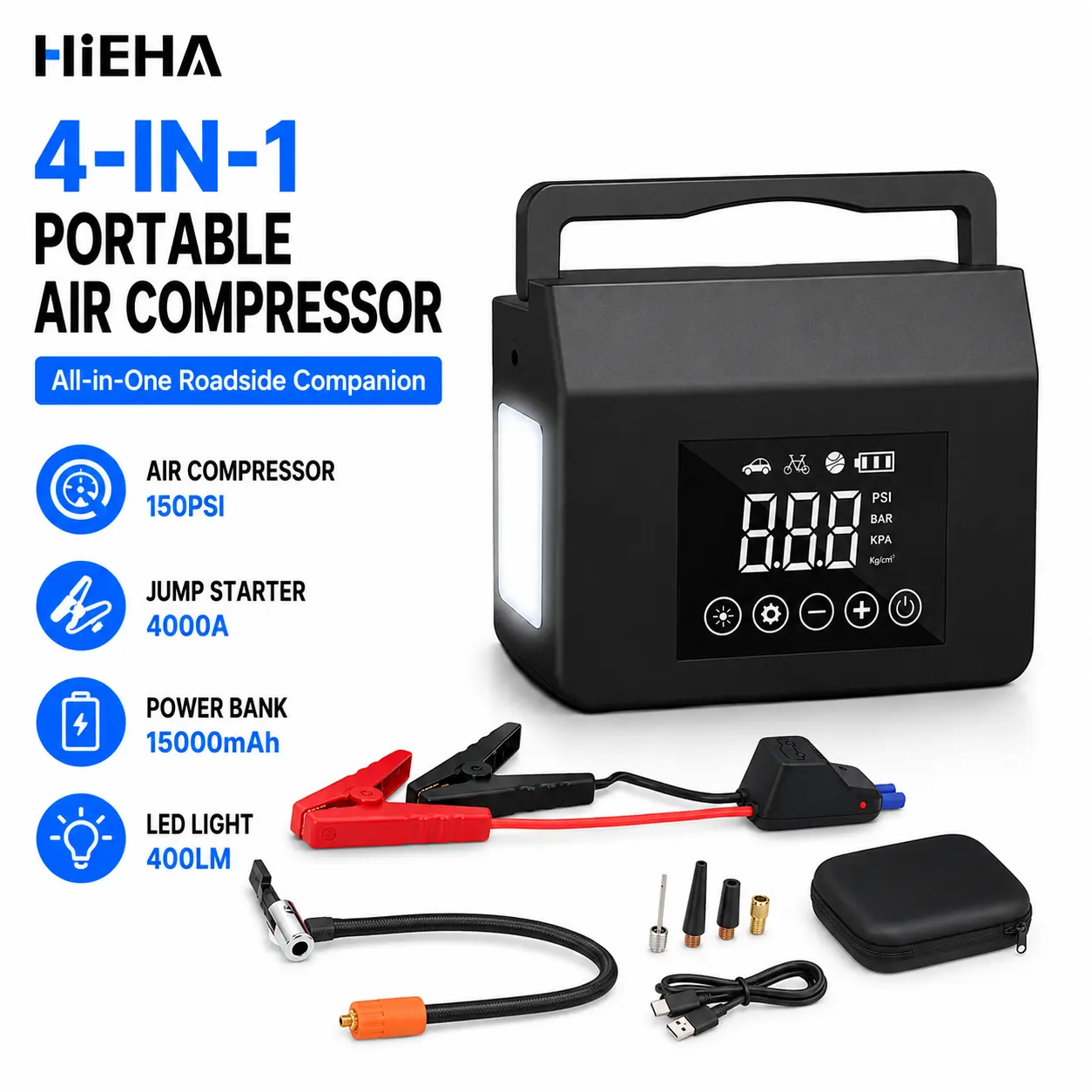 【HiEHA】2026 Portable Car Jump Starter, 4000A Car Battery Jump Starter with 150PSI Tire Inflator, 15000mAh Power Bank, with LED Light, 4-in-1 Multifunctional 12V Car Battery Jump Starter for Car Motorcycle Bike Balls Motorboat, fathersdaygift tiktokshopbac