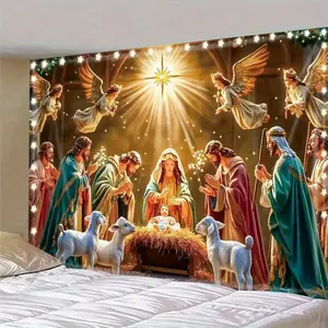 Tapestry Starry Night Nativity Scene Christmas Banner Merry Christmas Decorations Backdrop Indoor Outdoor Wall Decoration All Season Xmas Decor for Dorm Party Garden Family Holiday Celebration Multipurpose Use No Electricity Needed Festive
