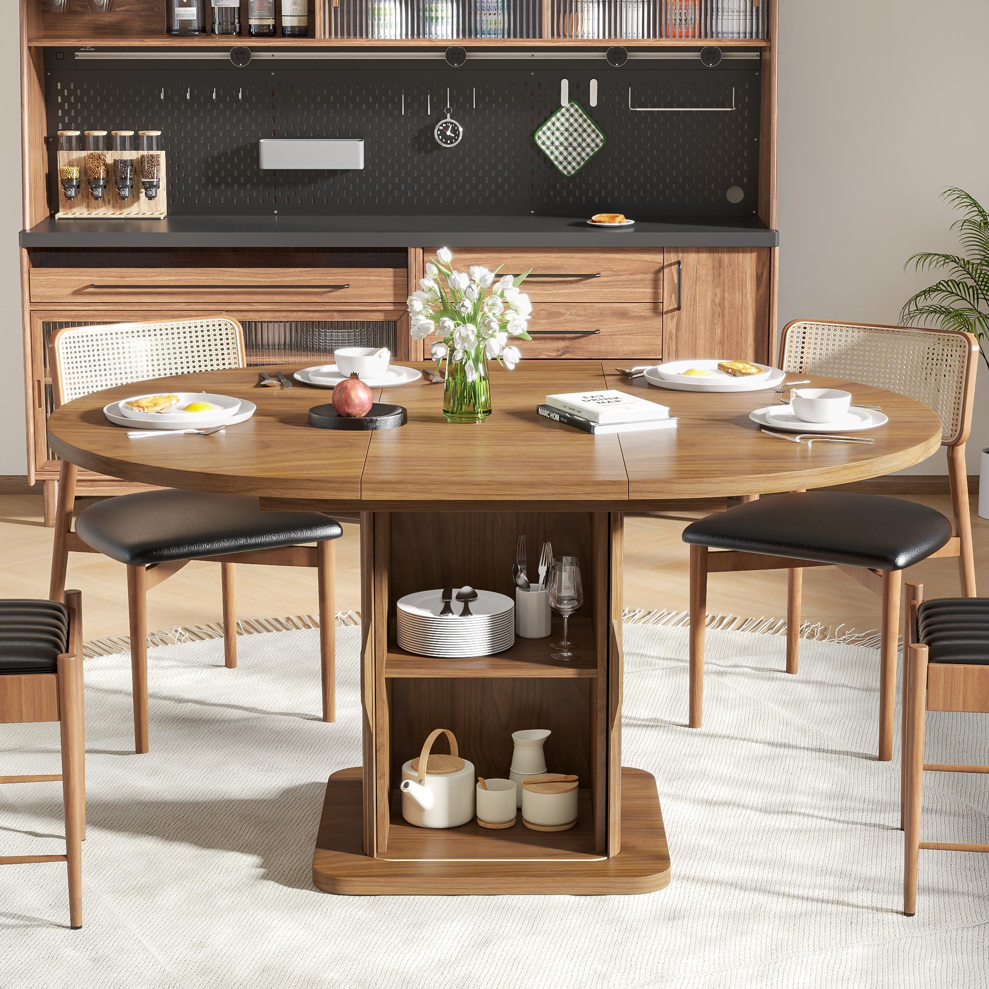 Extendable Black Round Dining Table for 4-6-8, 59 Inch Kitchen Dining Room Table with Storage, Modern Oval Circle Dinner Furniture, Fluted Wood Slide Door, for Home, Living Room, Farmhouse