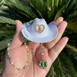 St. Jude Car Blessing Charm. Handmade Protection Gift Decoration, Heart Pendant , white sombrero, Green & White gold plated crystal chain