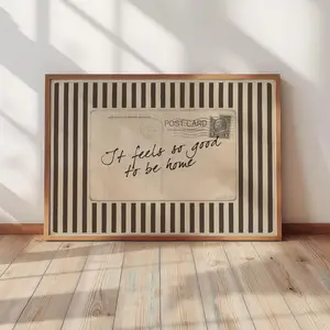 It Feels So Good To Be Home Poster, Vintage Postcard Wall Art, Neutral Striped Cozy Sentimental Decor (Unframed / Print Only)