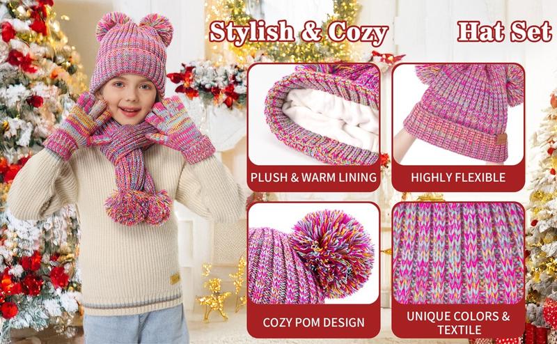 Winter Hat Gloves Scarf Set, Fleece-Lined PomPom Beanie, Knit Long Scarf & Warm Mittens for School Student.Ideal christmas gifts for daughter granddaughter grandson niece