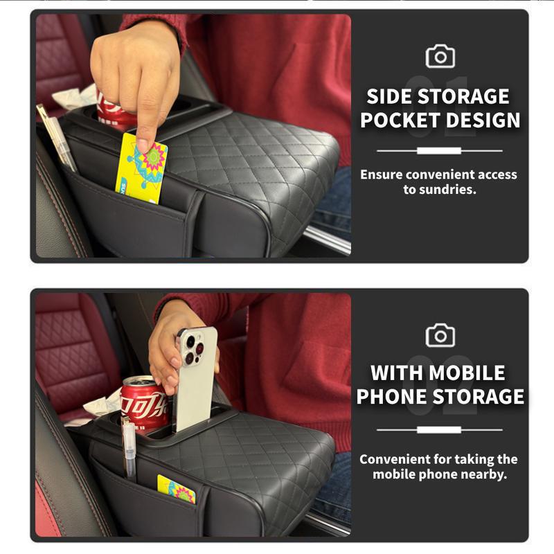 Car Armrest Cushion,5-in-1 Center Console Cover with 2 Storage Bags Cup Holder, Tissue Box Slot, Phone Slot for Sedans, Car Accessories Interior Organizers (Black)