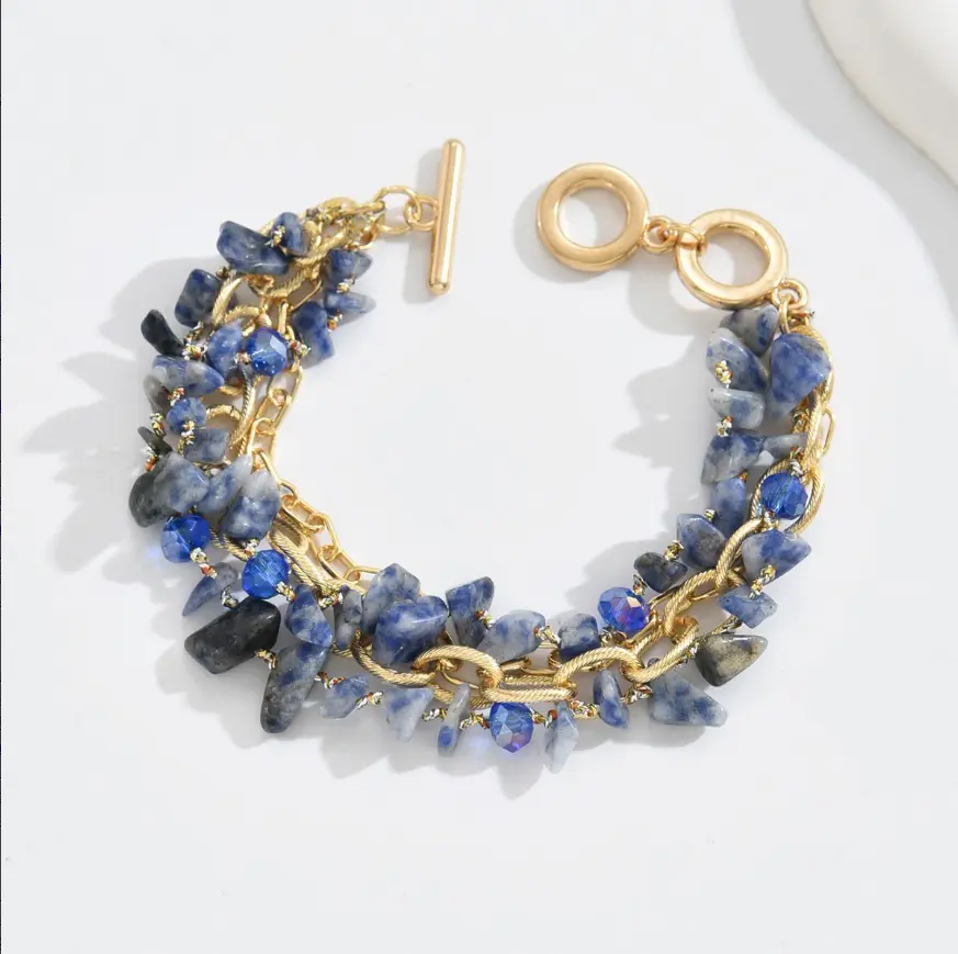 Multi‑Layer Boho Bracelet for Women, Natural Sodalite Chip Stone Beaded Bracelet, Gold Chain Toggle OT Clasp Statement Hand Jewelry for Daily Party Gift