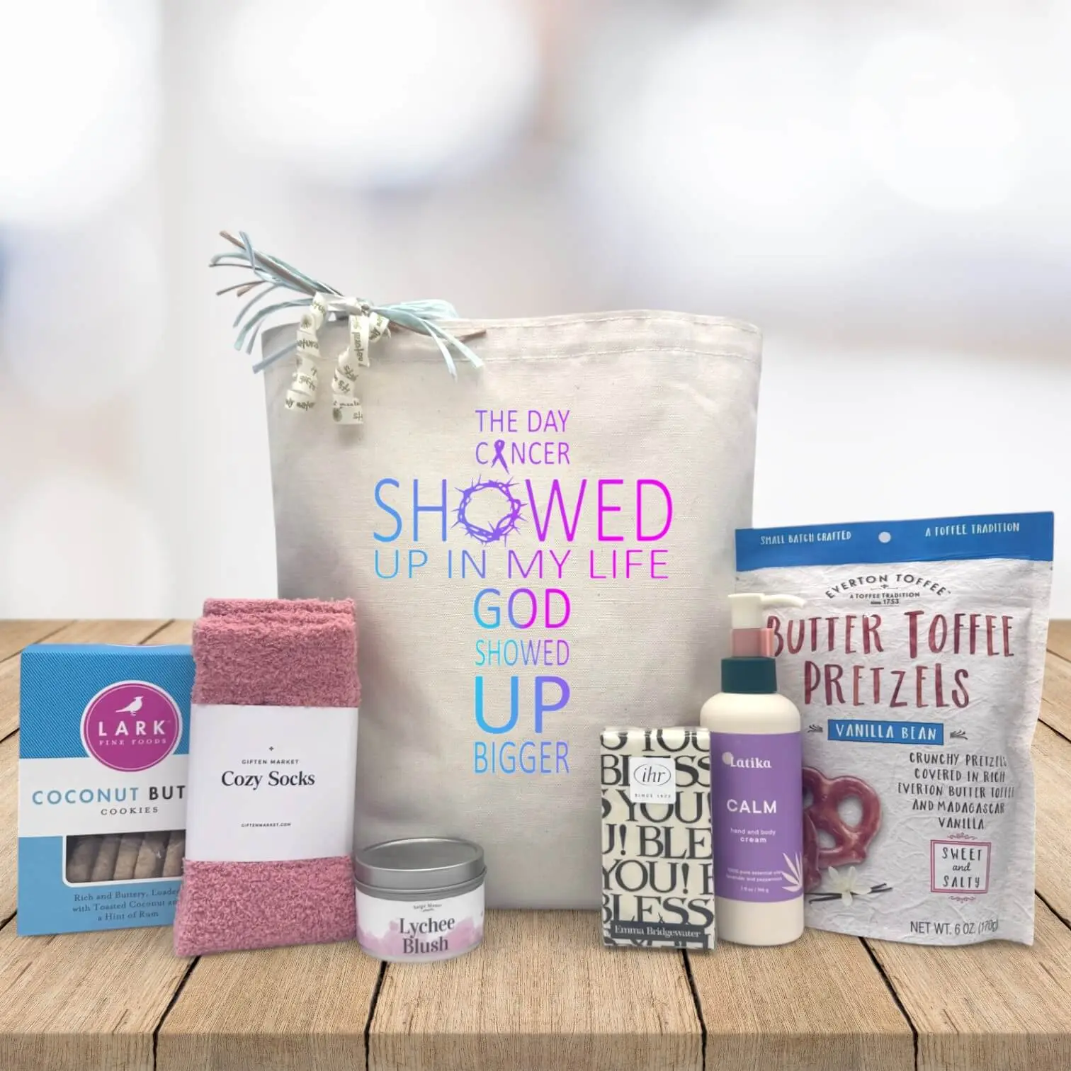Itsonlynaturalgifts God Showed Up Bigger Gift Basket Faith Filled Comfort Encouragement with Decorative Cross Cookies ,Candle Tissues Lotion ,Snack
