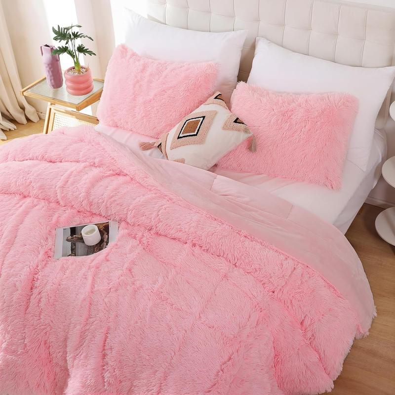 Smoofy 3-Piece Plush Faux Fur Pink Comforter Set - Queen Size Fluffy, Double-Sided Shaggy Velvet Bedding with Comforter & 2 Pillowcases