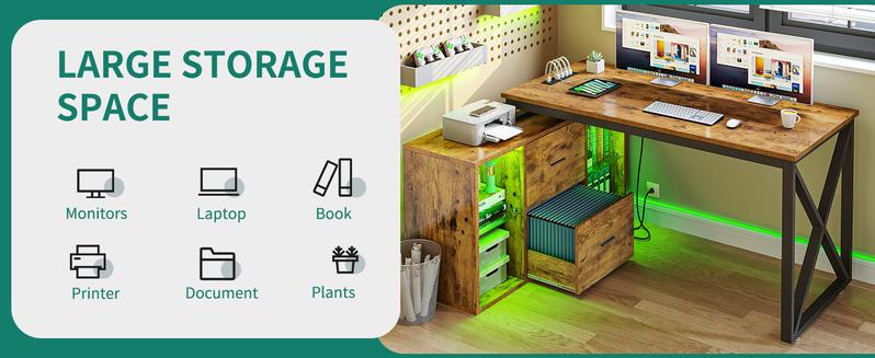 Yitahome L Shaped Desk with Power Outlets & File Cabinet, 55" Reversible Corner Computer Desk with Drawers & LED Lights, L-Shaped Desk with 4 Glass Open Storage Shelves