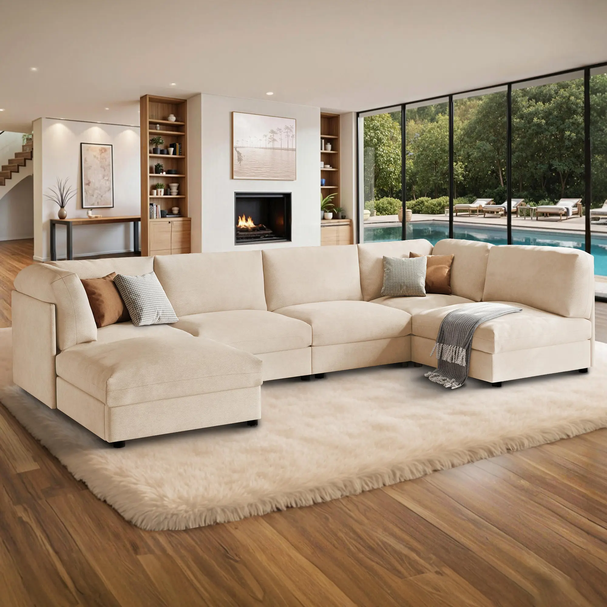 AMERLIFE 148" Wide U-Shaped Modular Sectional Sofa, Convertible Oversized Couch with Ottoman for Living Room, Easy Assembly, Flexible Layout, Scratch-Resistant Linen, Beige
