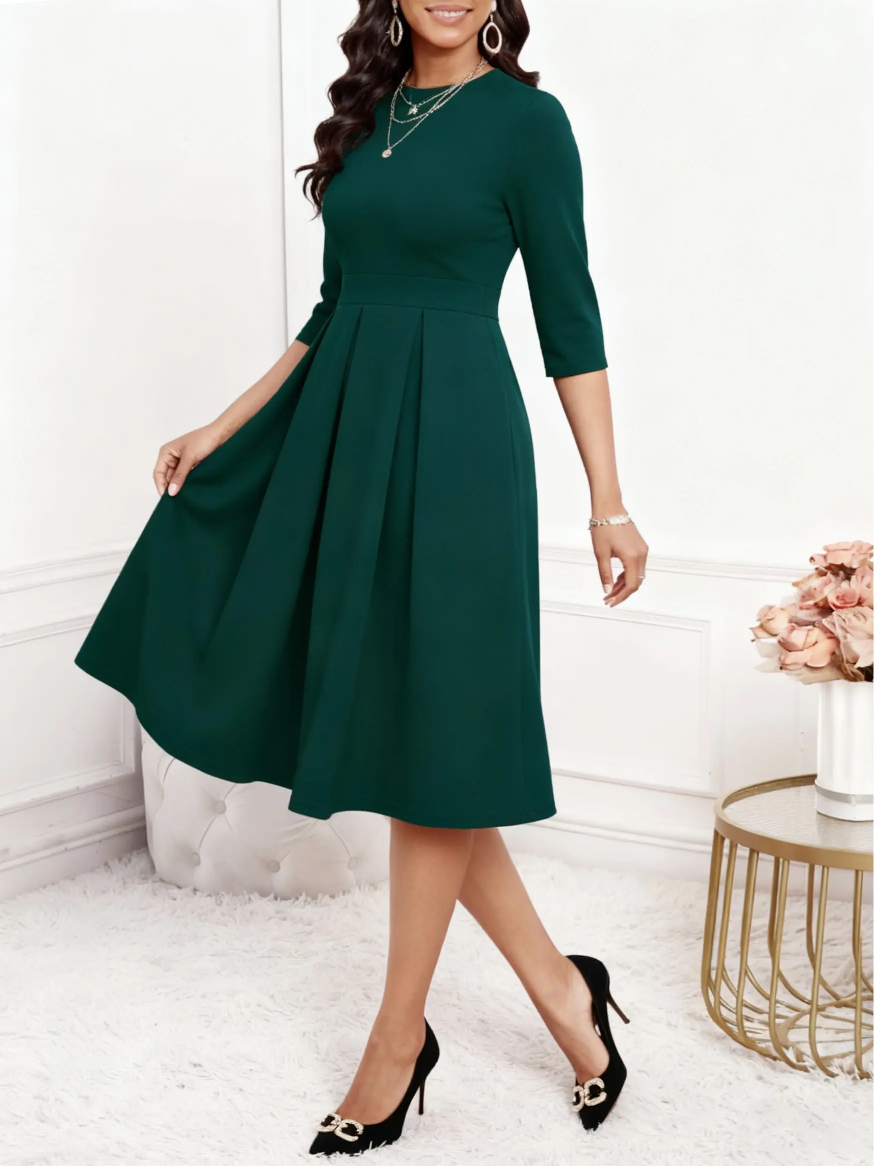 Women's dress, solid color, elegant three-quarter sleeve round neck dress  for spring and autumn, suitable for party and wedding guests, elegant  women's clothing. - TikTok Shop