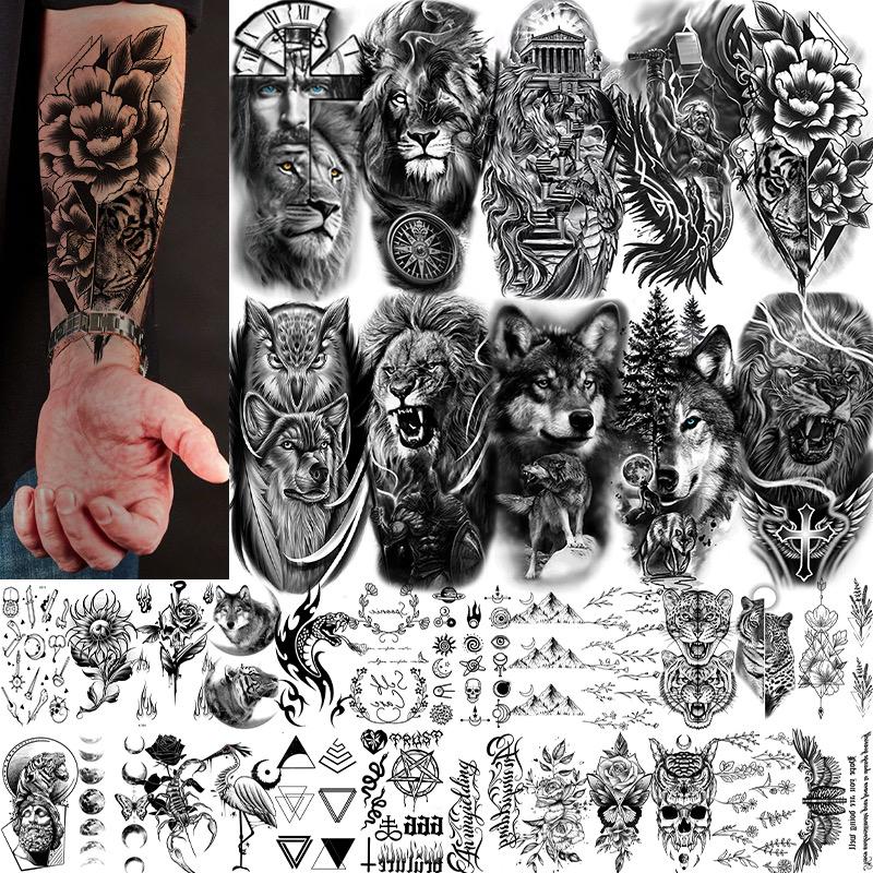 34 Sheets Waterproof Temporary Tattoos Stickers,Long Lasting Forearm Designs Animals & Flower,Wolf, Tiger,Lion,Owl,SkeletonSkull,Etc