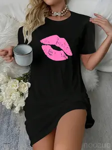 80's Pink Lips | Bright Pop Culture 1980's Lovers Gift Casual Dress