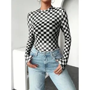 Women's checkerboard patterned mesh long sleeved top, thin sun resistant sexy shirt, summer casual fashion T-shirt