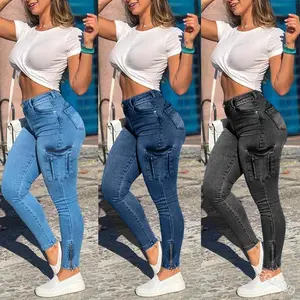 Women's Large Size High Waist Slim Fit Solid Color Skinny Pencil Jeans for Work and Street Wear