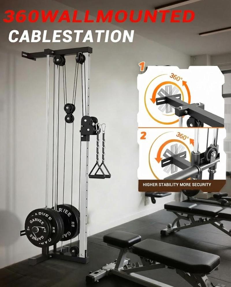 Wall Mount Cable Station – Dual Pulley Cable Crossover Machine with 18 Adjustable Positions, Tricep Rope, T-Bar, LAT Pulldown Bar & Foot Board for Home Hotel Gym Strength Training