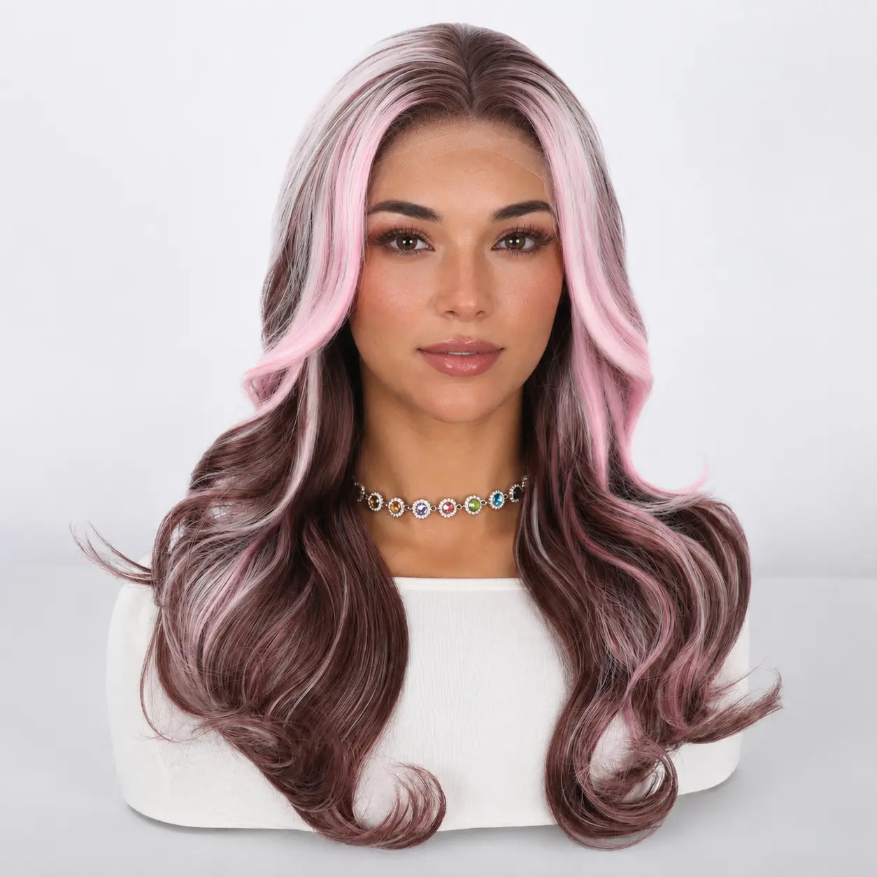 Pink-Platinum Ombre Lace Front Wig for Women, Curly Wavy Glueless Synthetic Wig with 13x3 Transparent Lace and Natural Hairline, Heat-Resistant, Curly Wavy Wig, Glueless Synthetic Wigs