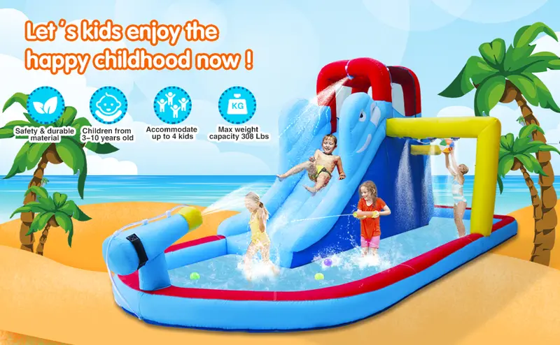 Inflatable Bounce House with Water Slide Bouncer Playhouse Castle Splash Pool Climbing Wall Basketball Hoop Carry Bag 480W Air Blower for Kids Backyard Indoor Outdoor Use Free Water Gun