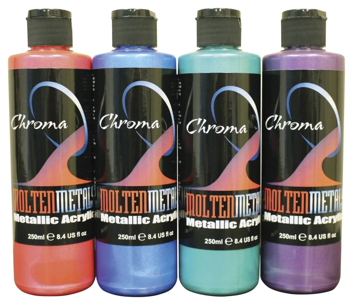 Chroma 2019439 Metallic Acrylic Paint Set, 8 oz Molten Metal Acrylic Paints - Assorted Bright Colors, Set of 4, Dry Quickly, Freeze/Thaw Stable, for Classroom or Home Use, Assorted Bright Metallic