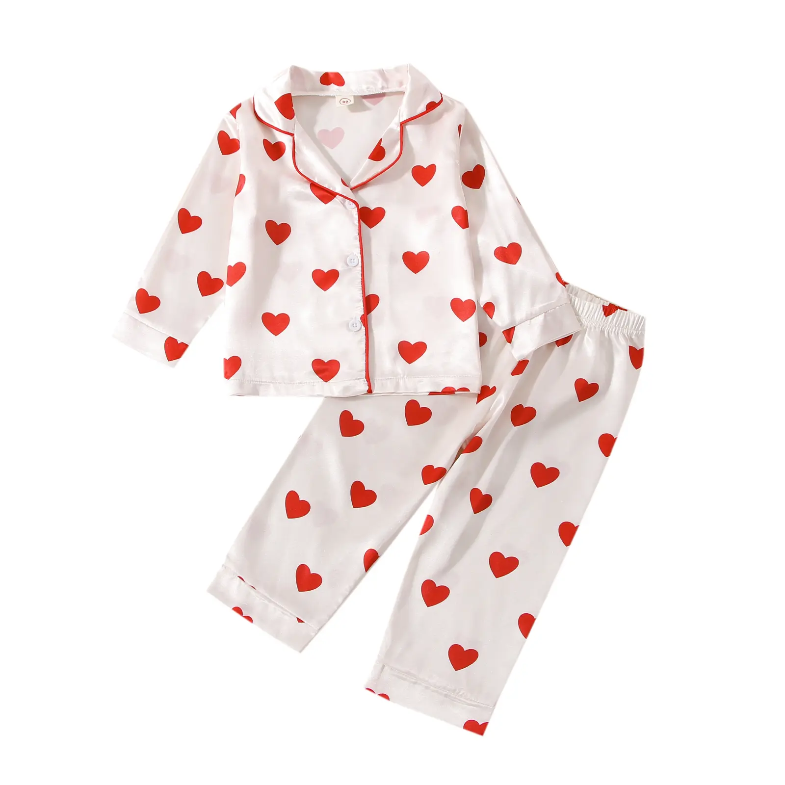 Kids Toddler Girl Valentine's Day Two Piece Pajamas Set Heart Shape Pajamas Top with Pajamas Pants Satin Sleepwear
