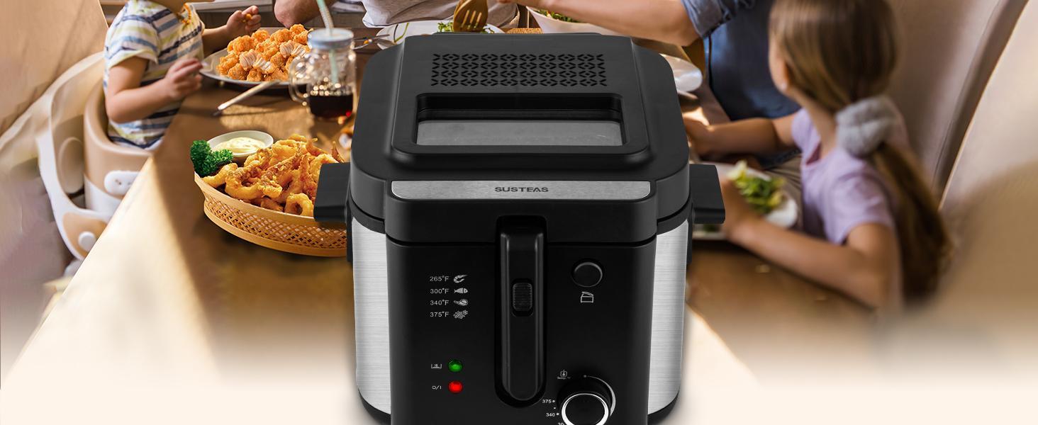 SUSTEAS Fryer 1500 Watt with Temperature Control, Fast Heat-Up Removable Lid, 5.2QT Non-Stick Inner Pot & Basket for Easy Cleaning Cooker Kitchen Appliances Electric Frying Pan