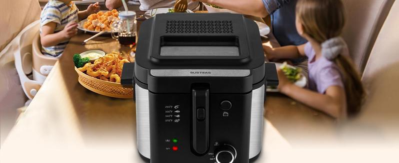 SUSTEAS Fryer 1500 Watt with Temperature Control, Fast Heat-Up Removable Lid, 4 Liter Non-Stick Inner Pot & Basket for Easy Cleaning Cooker Kitchen Appliances Electric Frying Pan