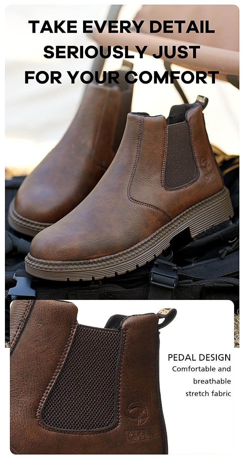 Men's steel-toe sports non-slip work shoes, high-top leather safety boots, have protective functions like anti-smashing and anti-piercing. They are footwear products, Fathersdaygift Boy Closed Bathroom Brown