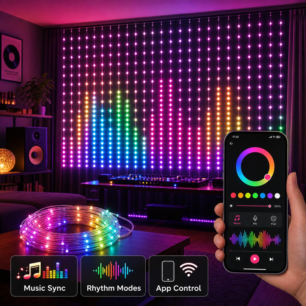 Smart RGB Magic Curtain Lights, 400-LED Interior RGB Lighting with DIY Text, Music Sync, 16M Colors, Custom Messages & Patterns, Adjustable LEDs, Ideal for Party, Holiday Decor Led Multicolor Custom Rgb Backlit Interior Rgb Lighting