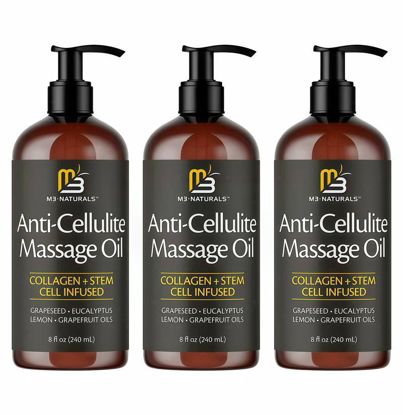 3 Pcs M3 Naturals Cellulite Massage Oil 8oz-Smooth the Appearance of Cellulite-Body Care & Skin Care Massage Oil GS-Topical Collagen and Plant Stem CellBody Oil to Restore Texture and Elasticity-Soothing Body Oil