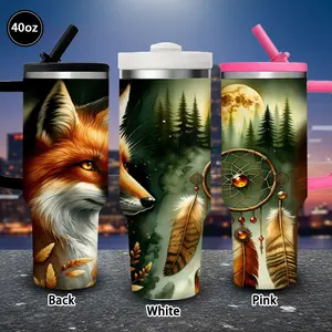 1pc 40oz Mystical Fox and Dreamcatcher Tumbler with Lid and straw, Winter Insulated Travel Mug, Gift for Women Men, Ideal for Valentine's Day, Birthday Gift, Coffee Cup for Office