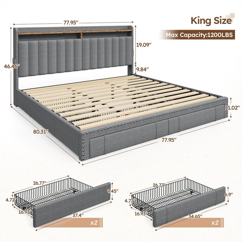 King Size Bed Frame with Storage & Headboard, Upholstered Queen or Full Size Divan Beds with Drawers & Shelves, Luxury Bed Frames- Modern Luxury Home Interior Furniture