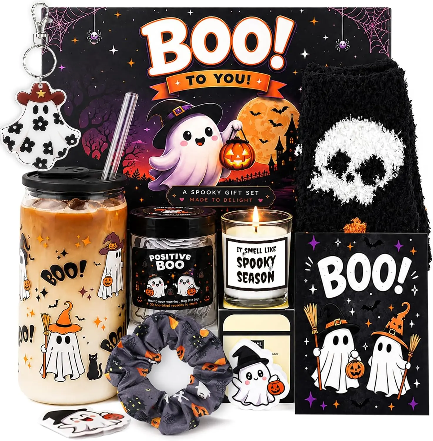 Halloween Boo Basket Stuffers for Women, 12 PCS Spooky Gift Set with Glass Tumbler, Ghost & Skull Halloween Gifts for Women, Boo Basket Gifts for Adult Women, Wife, Girlfriend, Sister, Best Friend