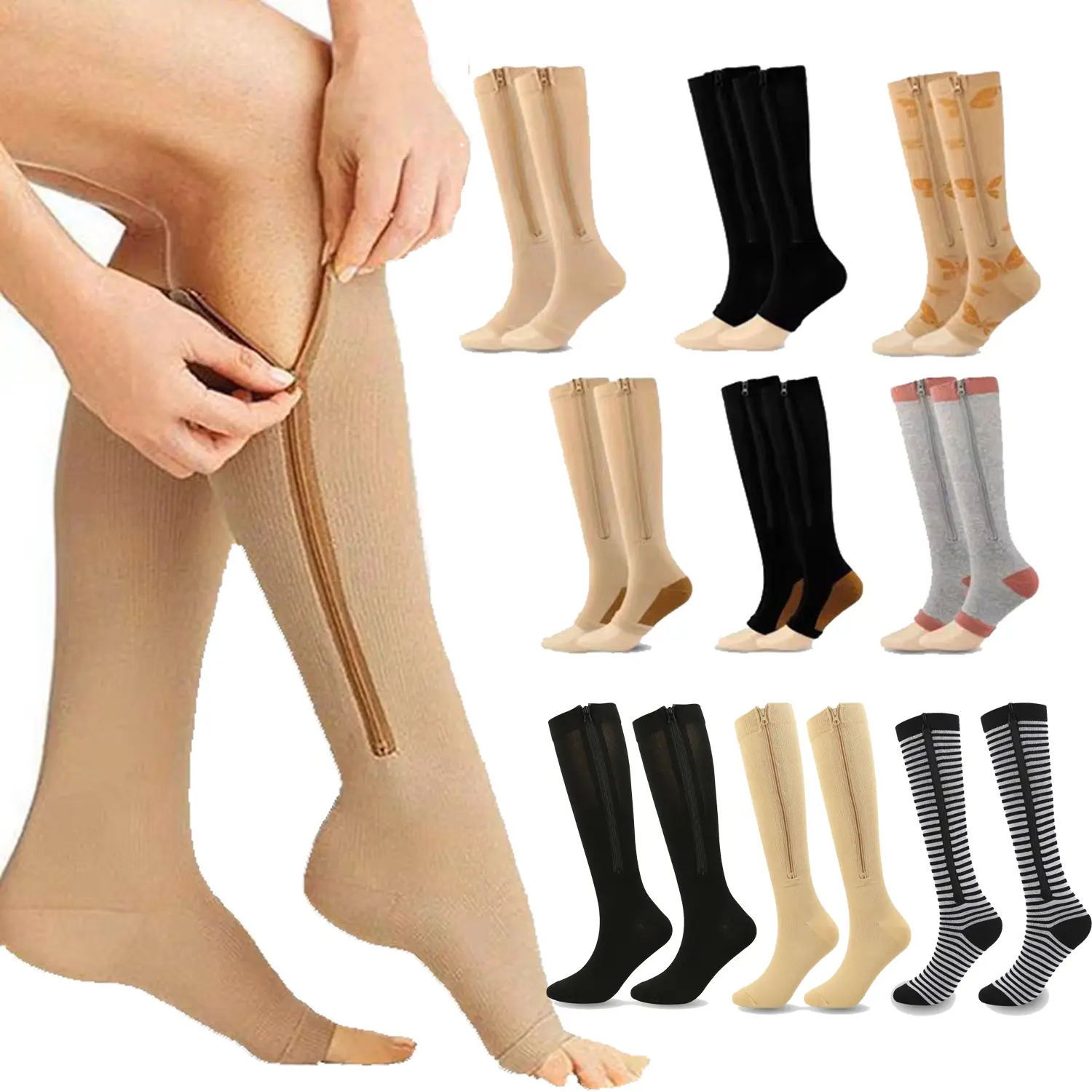 Women's 15-20 mmHg Zipper Compression Socks - 3 Pairs Calf/Knee-High Open/Close Toe Stockings with Oxygen Flow, Glam Leg Care for Adult Male Runners, Athletic Cycling Walking Muscle Recovery (Yellow SK91)