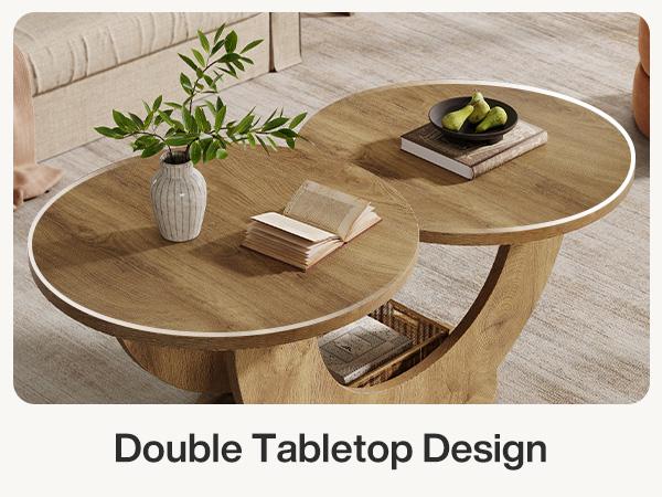 LITTLE TREE Round Living Room Coffee Table, 2-Tier Farmhouse Coffee Table with U-Shaped Frame, Low Accent Center Cocktail Table for Home, Apartment