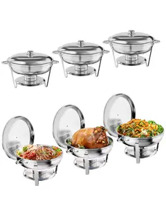 Garvee Set of 6 Silver Buffet Plates with Round 5-Quart Bowls, Stainless Steel Chafers, Food Warmers, and Serving Utensils Including Spoon and Tongs for Parties and Weddings