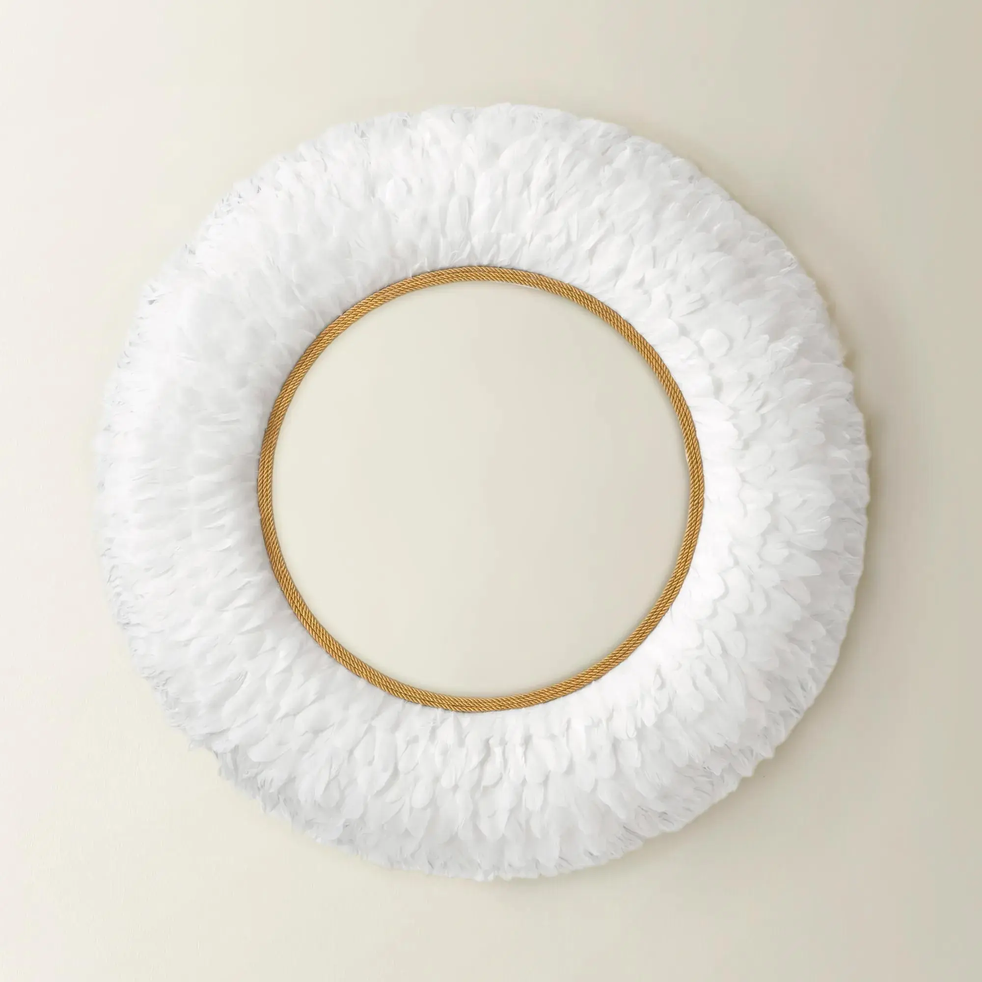 Z Gallerie Nikki Chu White Feather Round Wall Mounted Makeup Mirror, 35.5in Gold-Accent Mirror Accessory for Wall Hanging, Room Decor for Women, Wall Mounted Mirror