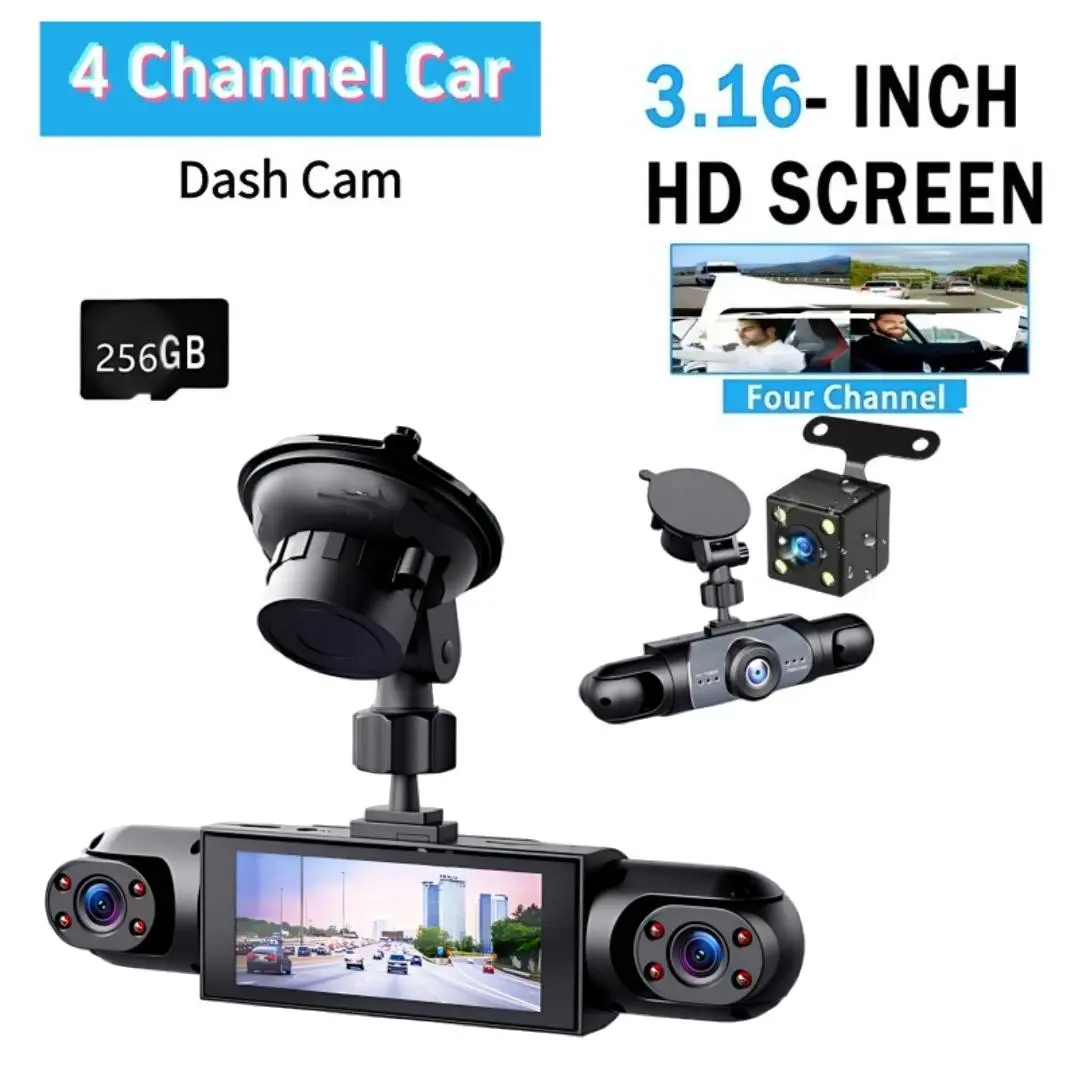 4-Channel Dash Cam for Cars, 1080P Front + 720P Rear/Left/Right Cameras, Wired Car DVR with 256GB Memory Card, G-Sensor & Loop Recording