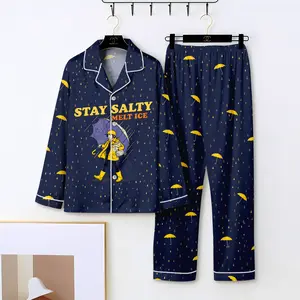 Subtle Anti Ice Stay Salty Protest Pajamas, Keep Ice Out, Pro Immigration, Anti Trump Pjs, Stay Salty Melt Ice Pajamas Set, Subtle Protest Inspired Print, Umbrella Rain Graphic, Navy Satin Long Sleeve Button Up Top and Pants, Soft Cozy Lounge Sleepwear