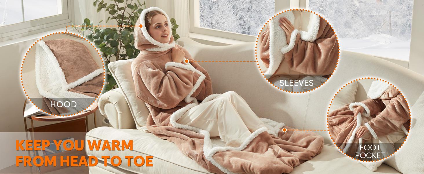 【Black Friday】DOWNCOOL Wearable Electric Heated Blanket with Sleeves & Hood & Foot Pockets Flannel Sherpa Blanket for Adults Heated Blanket with 1-12 Hours Auto-off & 10 Heat Settings 50x70 Inch electric heating for Bedroom Home
