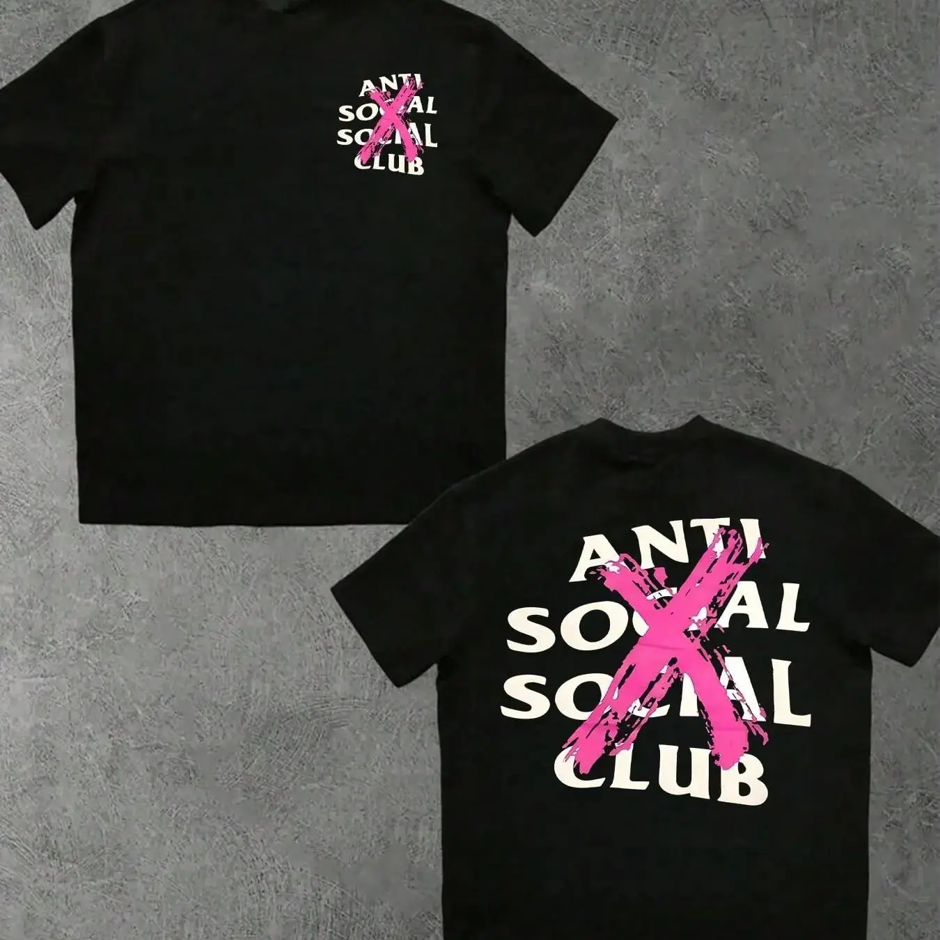 Anti Social Social Club Mens Casual Short-Sleeve Round Neck Graphic Tee, Black Oversized Fit with Bold Pink X Print & Brand Text, Stylish Urban Edgy Statement Streetwear Top